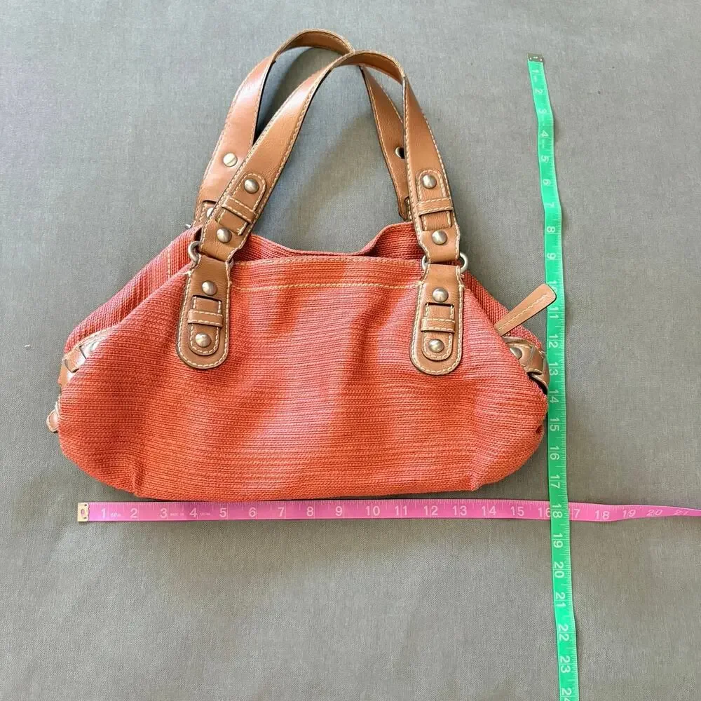 Fossil Y2K Coral Woven Leather Shoulder Bag Floral Lining Boho Handbag